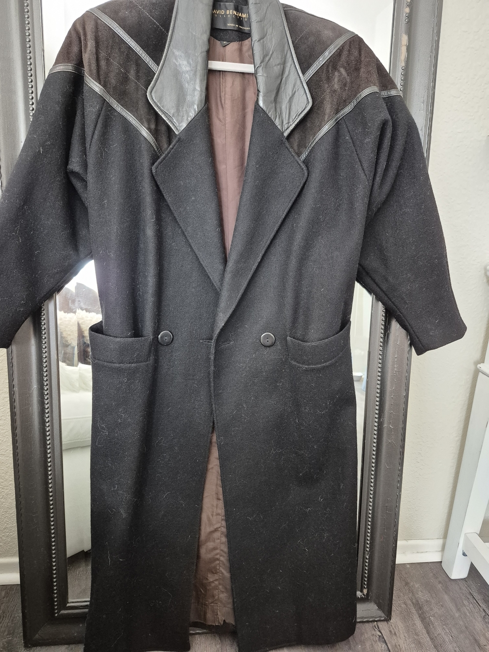 Black Wool-Blend Pea Coat with Leather Trim